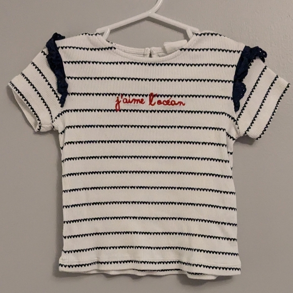 Zara White Blue Striped Ruffle Short Sleeve Ocean T-Shirt Tee - 18/24 months - Picture 1 of 3